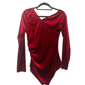 Kate Kasin Women Ruched Velvet Plunge Bodysuit Going Out Asymmetrical V Neck